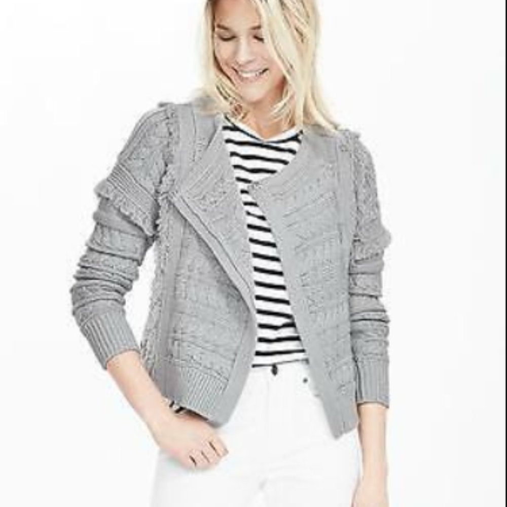 BANANA REPUBLIC BR Fringe Sweater Moto Jacket GRAY SKY - XS